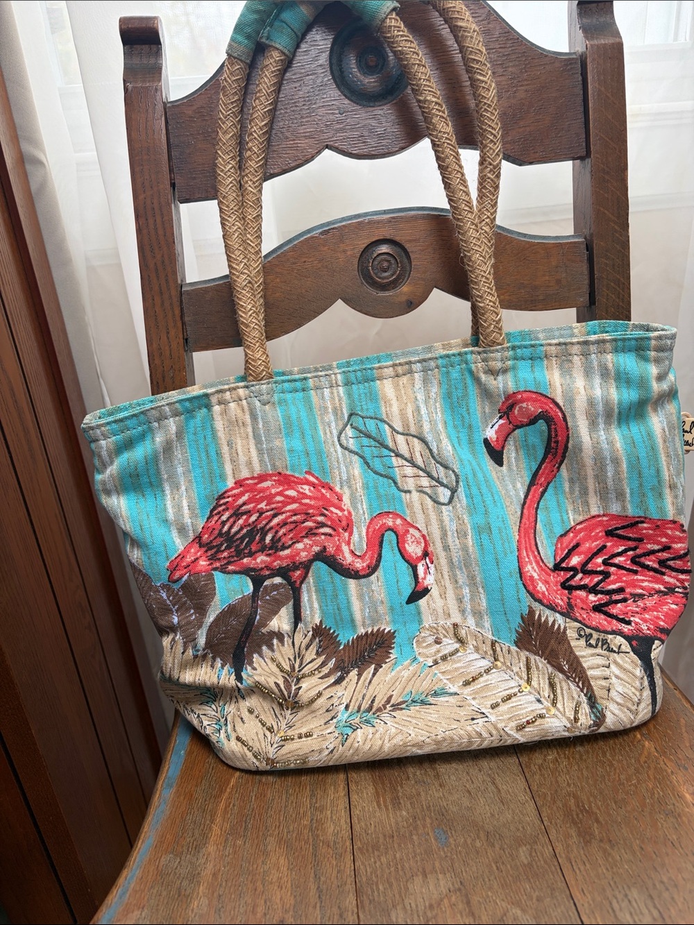 Striped Canvas Flamingo Tote Bag in Teal & Coral